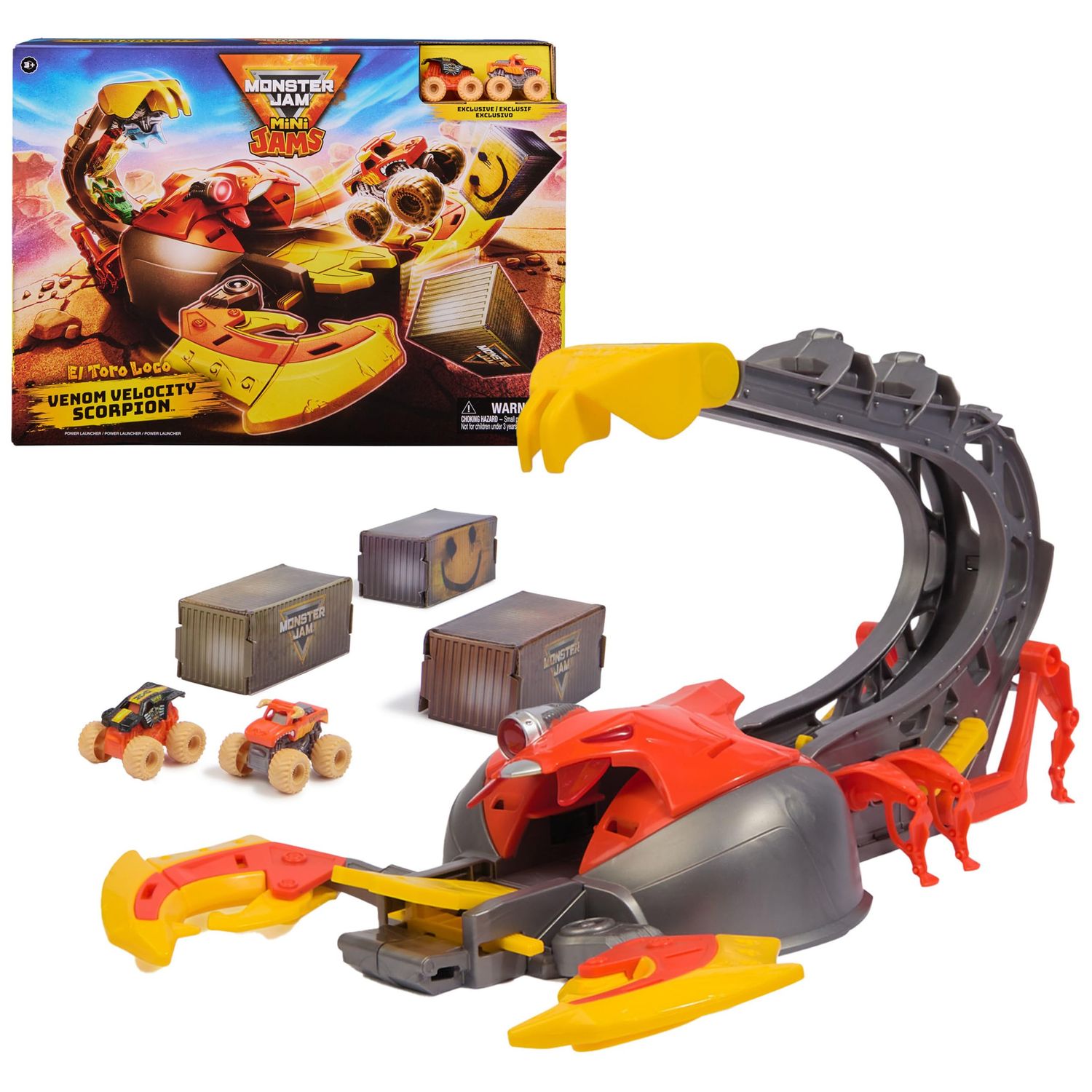 Monster Jam Mini „El Toro Loco Venom Velocity Scorpion” Playset – zestaw wyścigowy z dwoma ciężarówkami 1:87