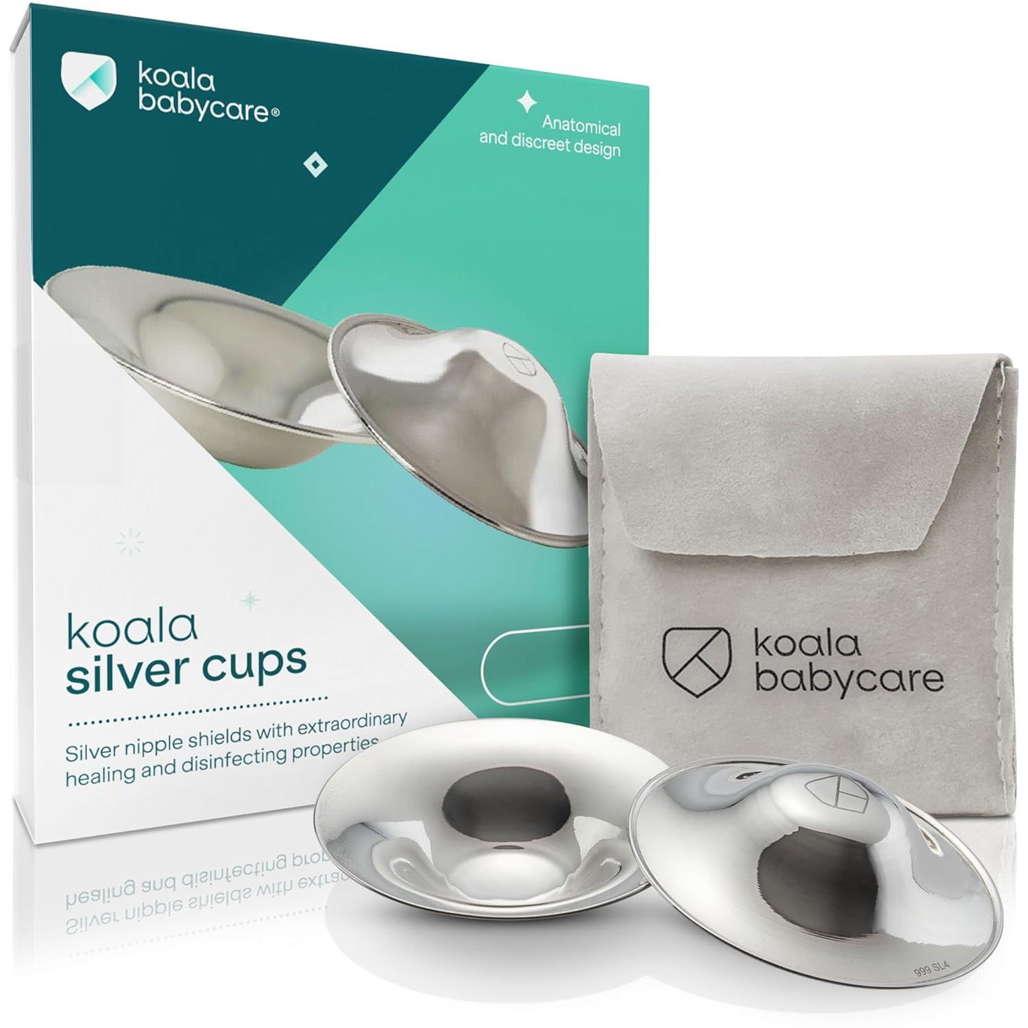Koala Babycare Oryginalne srebrne kubki do karmienia - Osłony na sutki dla noworodków karmiących piersią - Podstawowe akcesoria do karmienia piersią - Protect and Soothe - Tri-Laminate Silver - Standa