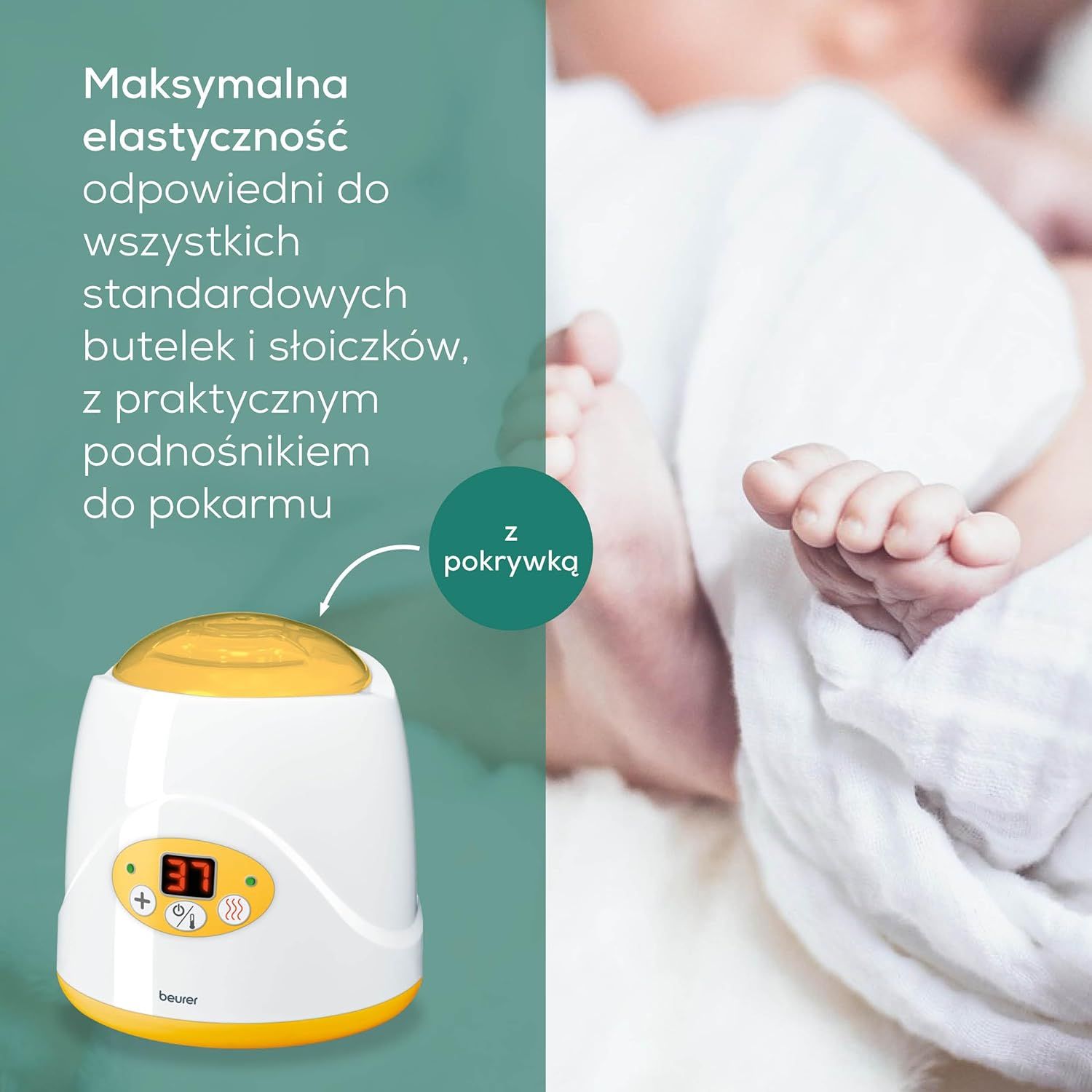 Beurer BY 52, podgrzewacz do butelek i żywności dla niemowląt, podgrzewa, utrzymuje ciepło, czas podgrzewania 8 minut, cyfrowy wyświetlacz temp., do wszystkich popularnych butelek dla niemowląt,