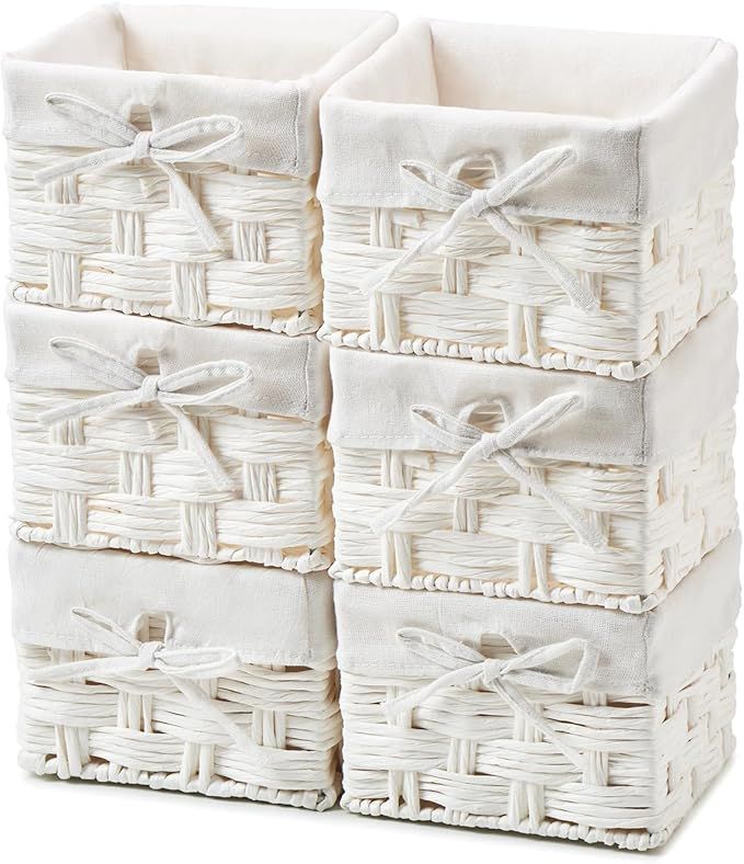 Zestaw EZOWare składający się z 6 plecionych koszy do przechowywania, ręcznie tkany organizer z kwadratowej papierowej liny z wkładką do pokoju dla niemowląt, zabawka dla dzieci – 14 x 14 x 10 cm, bia