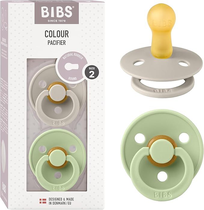 Smoczek BIBS Colour Baby 2-pack | Made in Denmark | Smoczek bez BPA, okrągły naturalny gumowy lateks, rozmiar 2 (6-18 miesięcy), piasek/pistacje