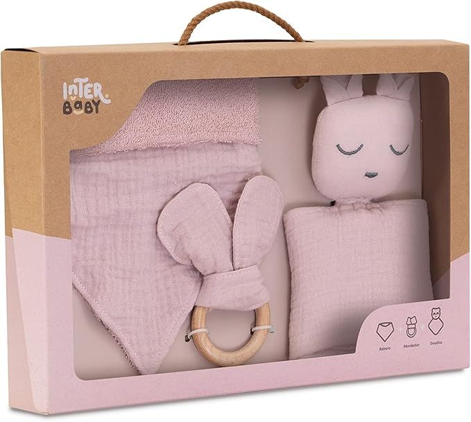 Muślinowy Zestaw Prezentowy 3el. – Przytulanka, Bandana, Saszetka – Różowy Miś