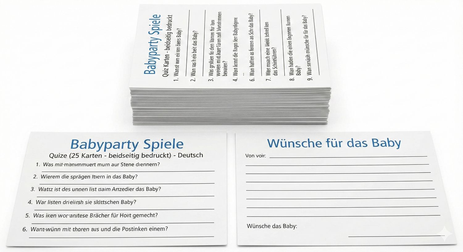 Zestaw Gier na Baby Shower - 25 Dwustronnych Kart - Zabawne Quizy i Życzenia (Język Niemiecki / Deutsch)