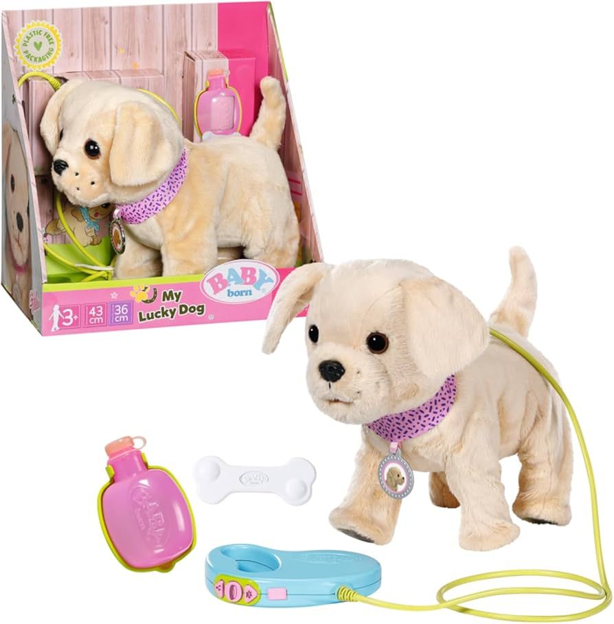 BABY born My Lucky Dog z 5 różnymi funkcjami, dla dzieci od 3 lat, działa z bateriami, w zestawie obroża, smycz, butelka i kość, 835197 Zapf Creation