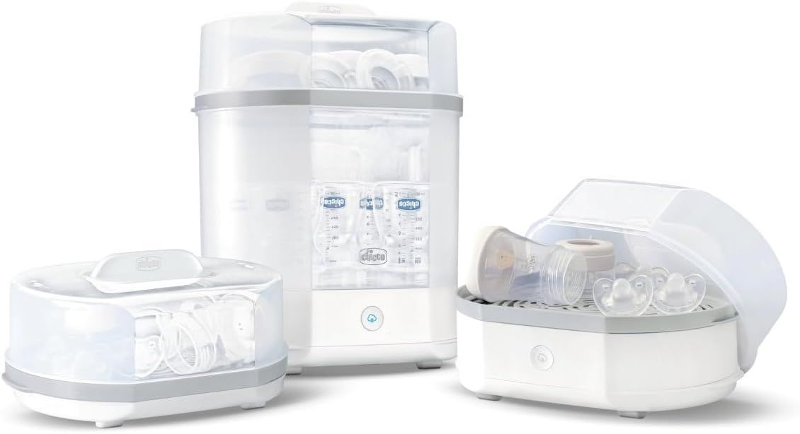 Chicco Sterylizator elektryczny, sterylizator butelek, laktator i smoczek, z 3 konfiguracjami i automatycznym wyłączaniem, nadaje się do mikrofali, sterylizacja do 6 butelek 330 ml, biały