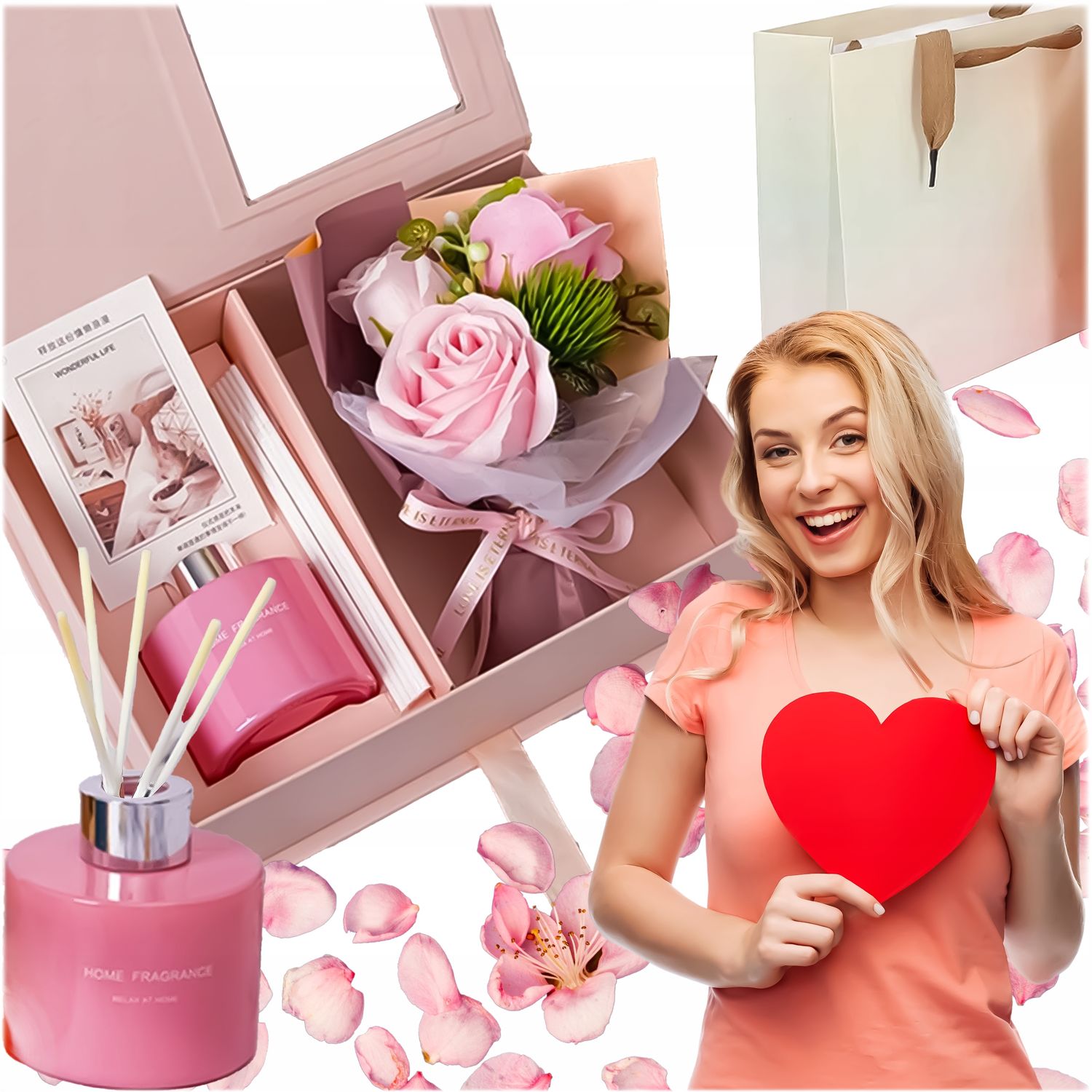 💗 Zestaw Prezentowy Różowy – Dyfuzor z Patyczkami &amp; Róże Mydlane