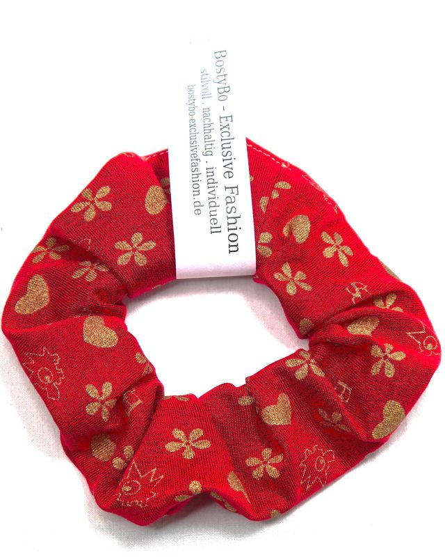 Haargummi/ Scrunchie rot mit goldfarbenen Motiven