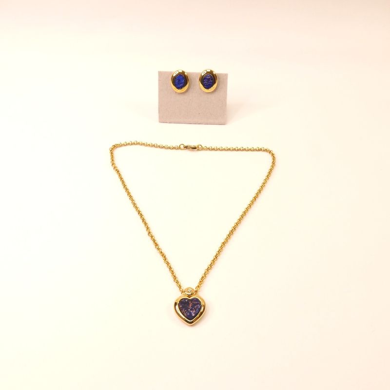 Set aus Collier &amp; Ohrclips mit blauem Glanzstein