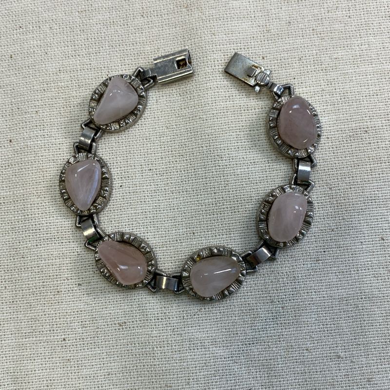 Vintage Modernist Armband mit Rosenquarz-Natursteinen