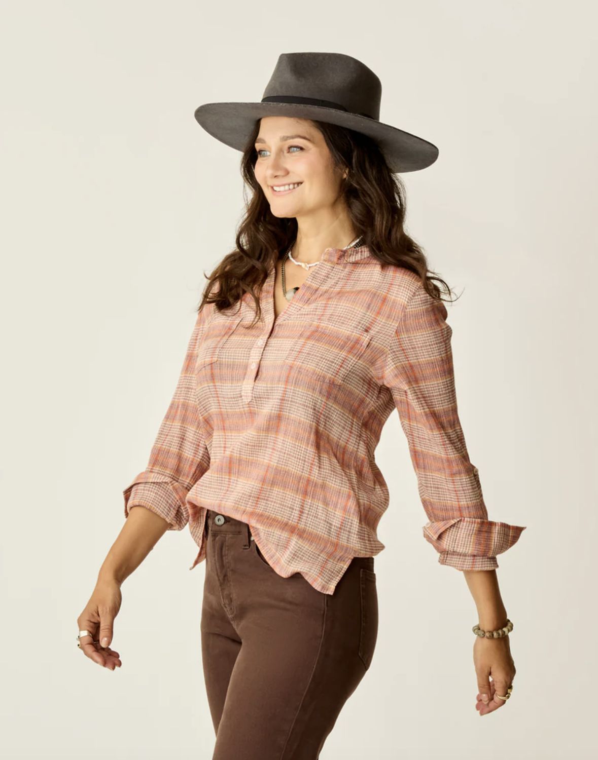 W'S DYLAN GAUZE SHIRT, COLOR: ROSEWOOD PLAID, Size: XS