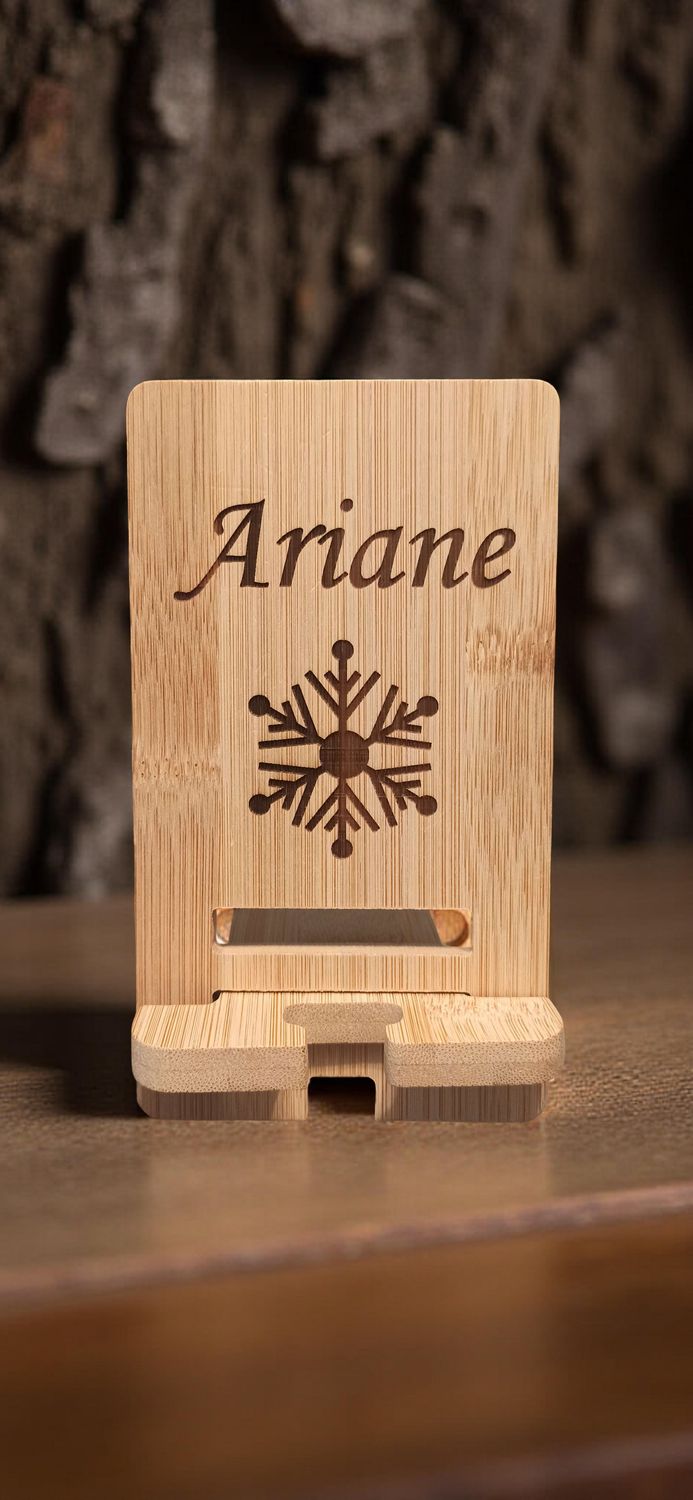 Support téléphone sur pied en bois – Gravure sur mesure