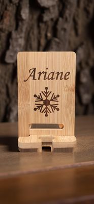 Support téléphone sur pied en bois – Gravure sur mesure