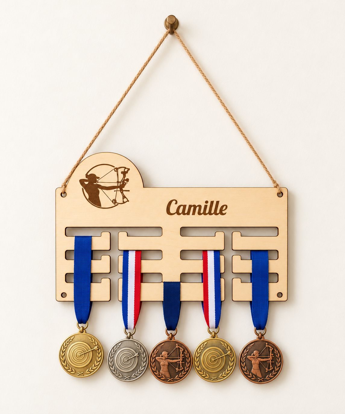 Personalised Varnished Wooden Medal Holder – Archery