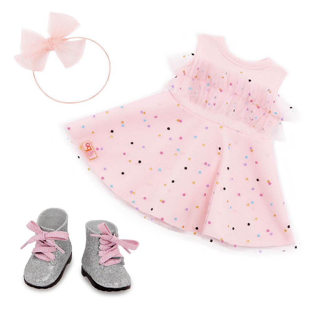 Our Generation Doll Outfit: Pink &amp; Colorful Girly Dress with Boots