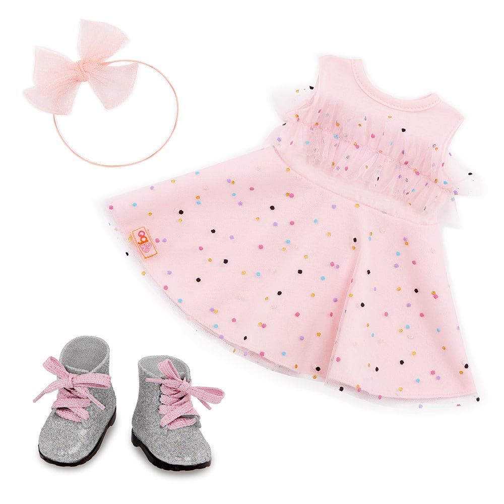 Our Generation Doll Outfit: Pink &amp; Colorful Girly Dress with Boots