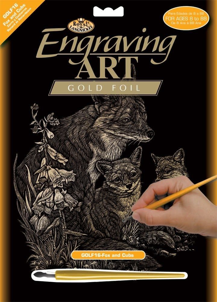 Engraving Art Gold Fox &amp; Cubs