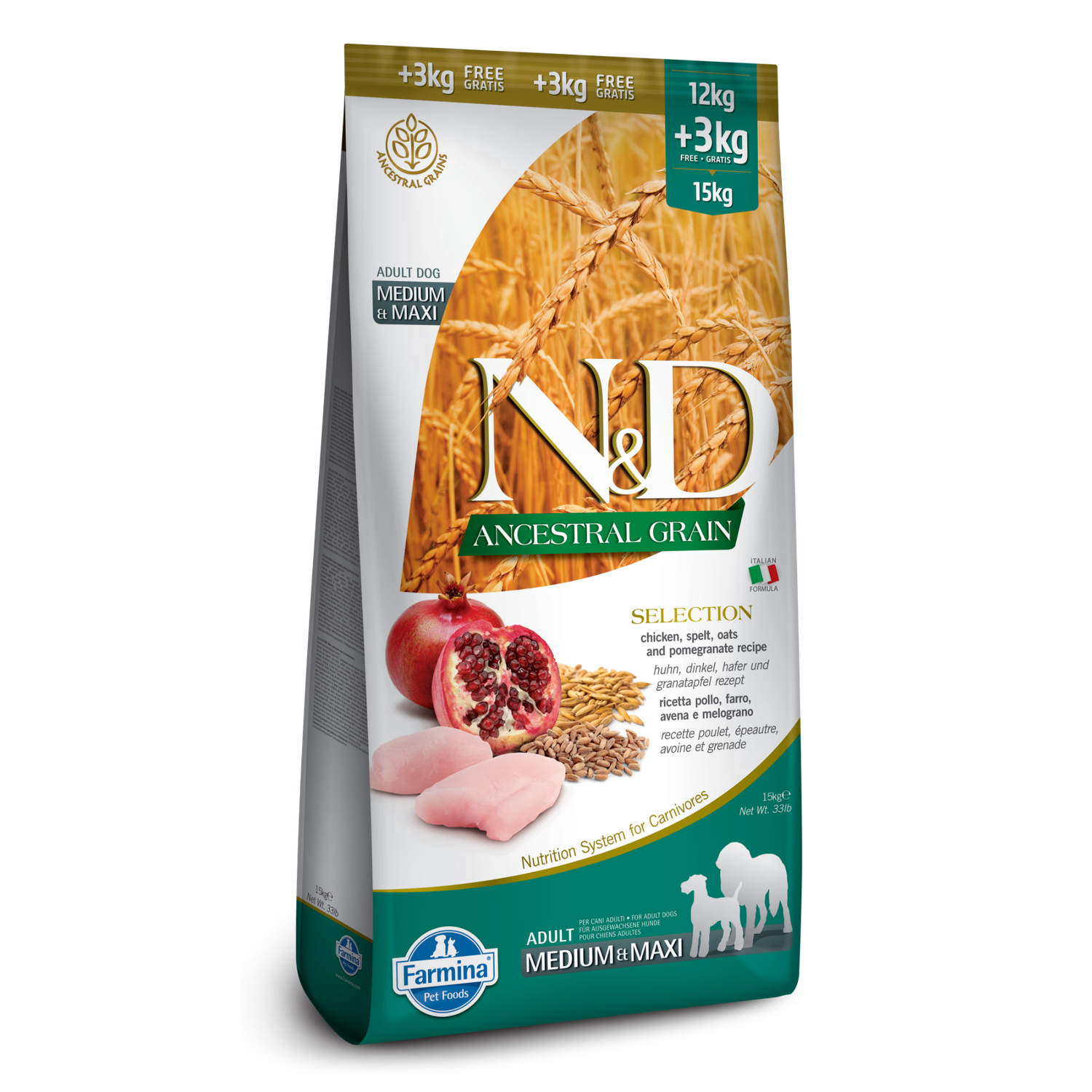 Farmina ANCESTRAL GRAIN Chicken &amp; Pomegranate Med-Maxi 33 LB