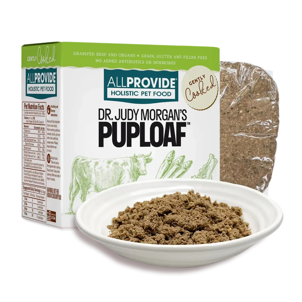 All Provide Pup Loaf gently cooked dog food in serving portions, made with wholesome, natural ingredients for healthy nutriti