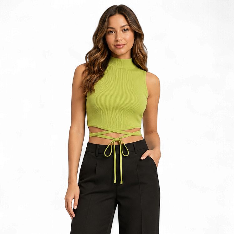 GREEN MOCK NECK RIBBED TOP