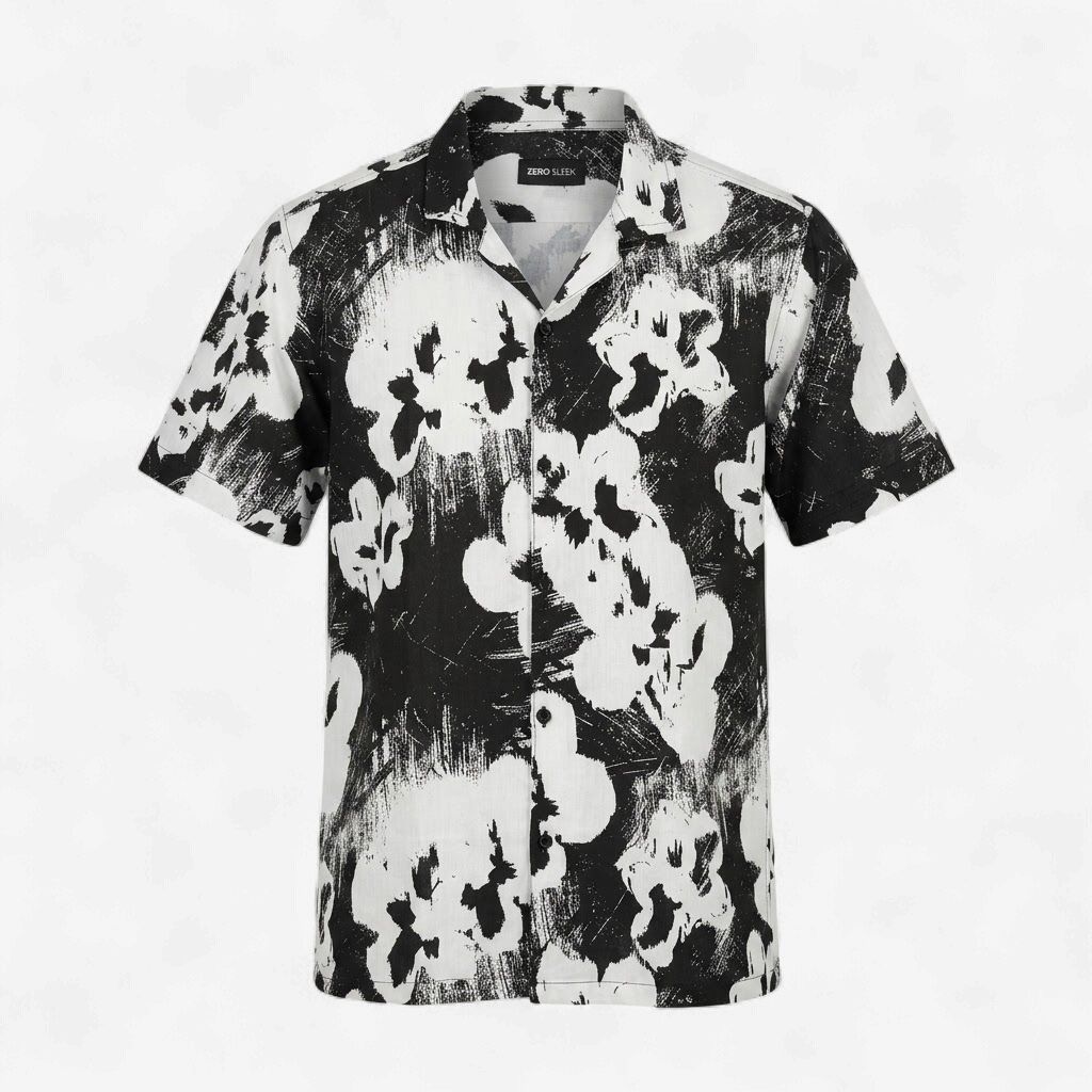 CUBAN COLLAR BLACK PRINTED SHIRTS