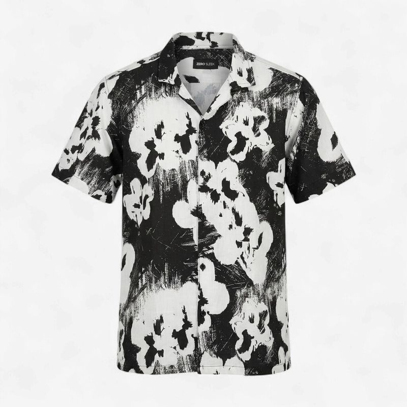 CUBAN COLLAR BLACK PRINTED SHIRTS