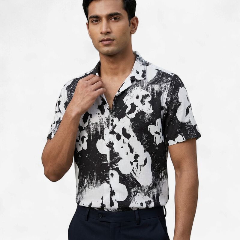 CUBAN COLLAR BLACK PRINTED SHIRTS