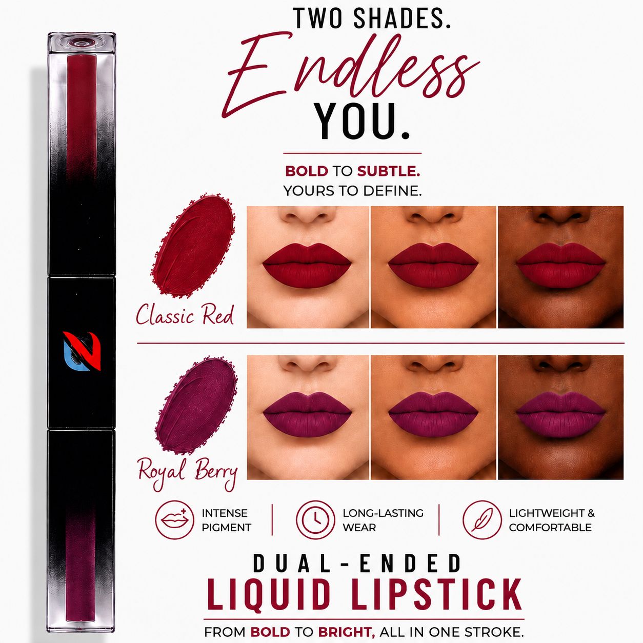 MATTE LIQUID LIPCOLOR 2 IN 1 (ROYAL BERRY / CLASSIC RED)