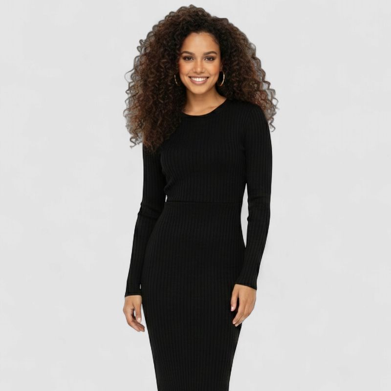 BLACK SOLID ROUND NECK BODYCON MIDI DRESS