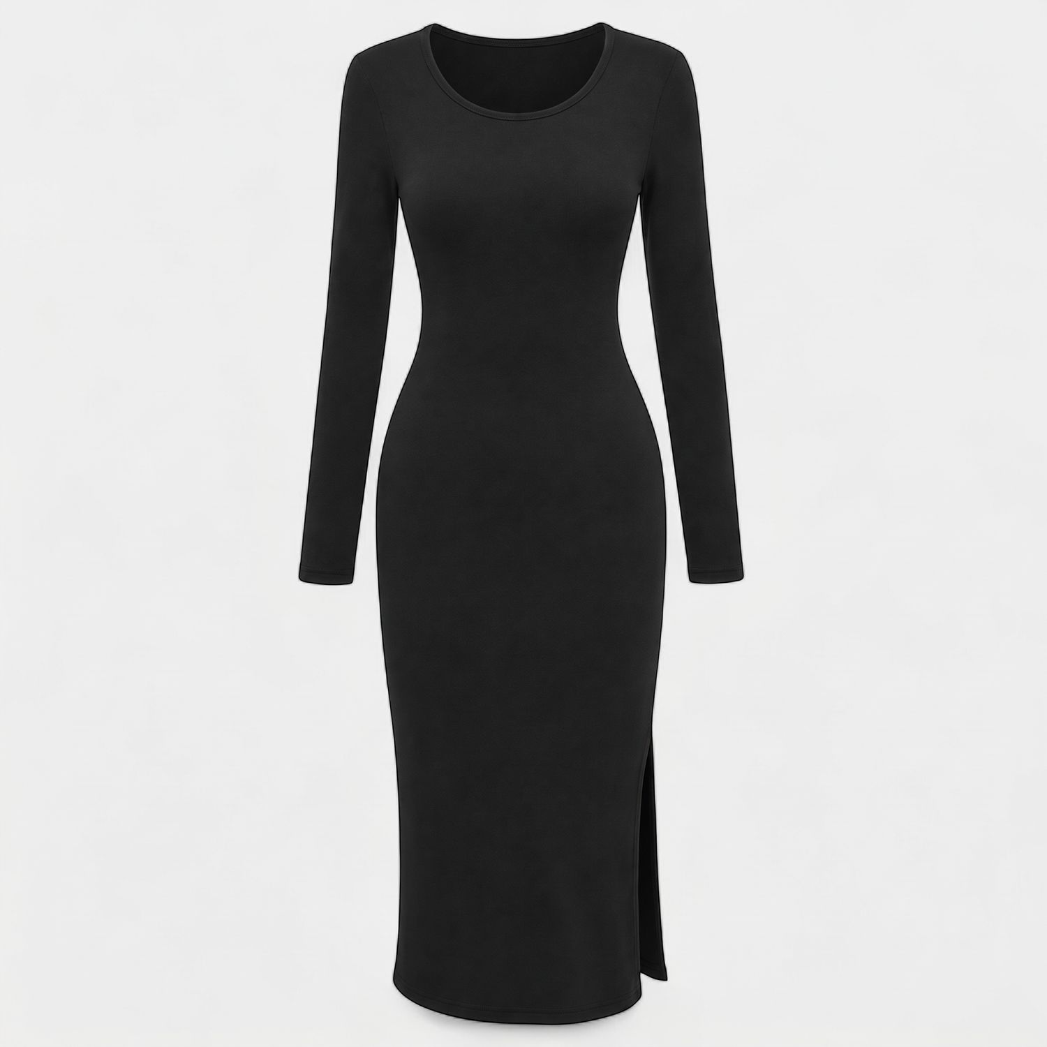 BLACK SOLID ROUND NECK BODYCON MIDI DRESS