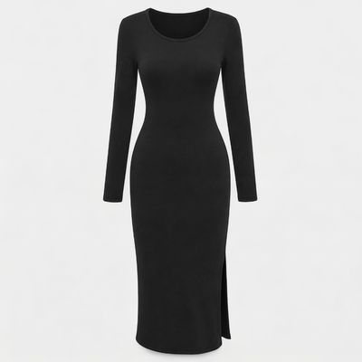 BLACK SOLID ROUND NECK BODYCON MIDI DRESS BLACK SOLID ROUND NECK BODYCON MIDI DRESS