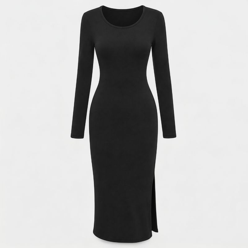 BLACK SOLID ROUND NECK BODYCON MIDI DRESS