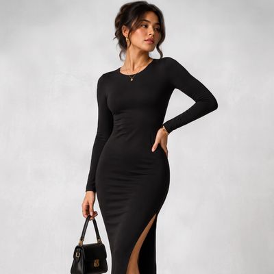 BLACK SOLID ROUND NECK BODYCON MIDI DRESS