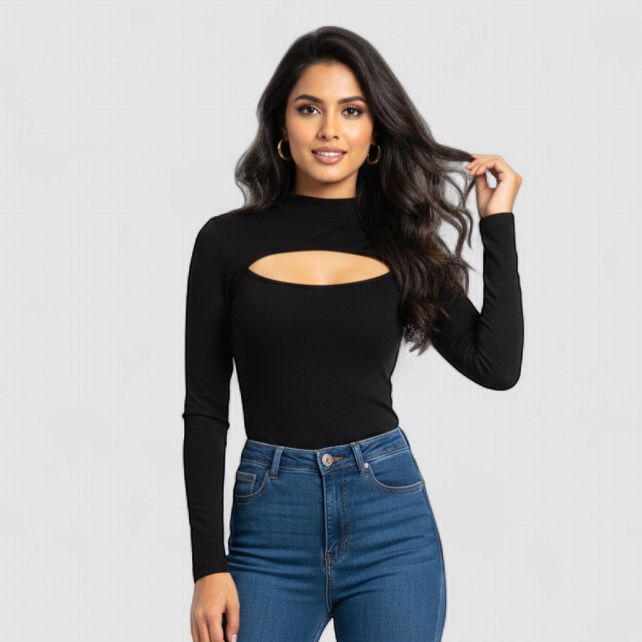 BLACK RIBBED MOCK NECK CUT OUT TOP