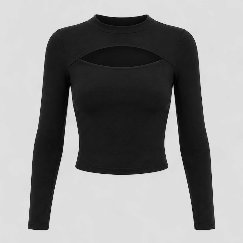 BLACK RIBBED MOCK NECK CUT OUT TOP