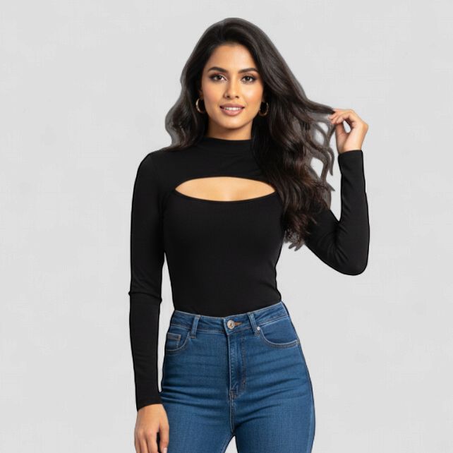 BLACK RIBBED MOCK NECK CUT OUT TOP