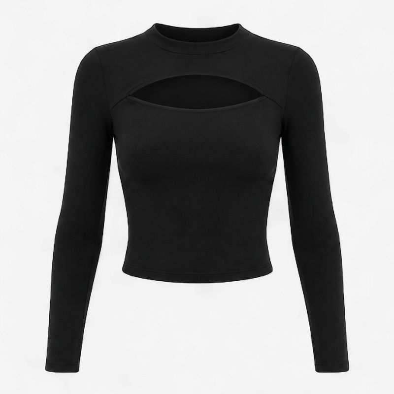 BLACK RIBBED MOCK NECK CUT OUT TOP