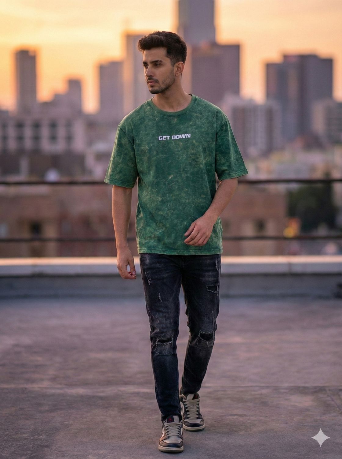 Printed Acid wash Tees, Colour: Green, Size: Medium