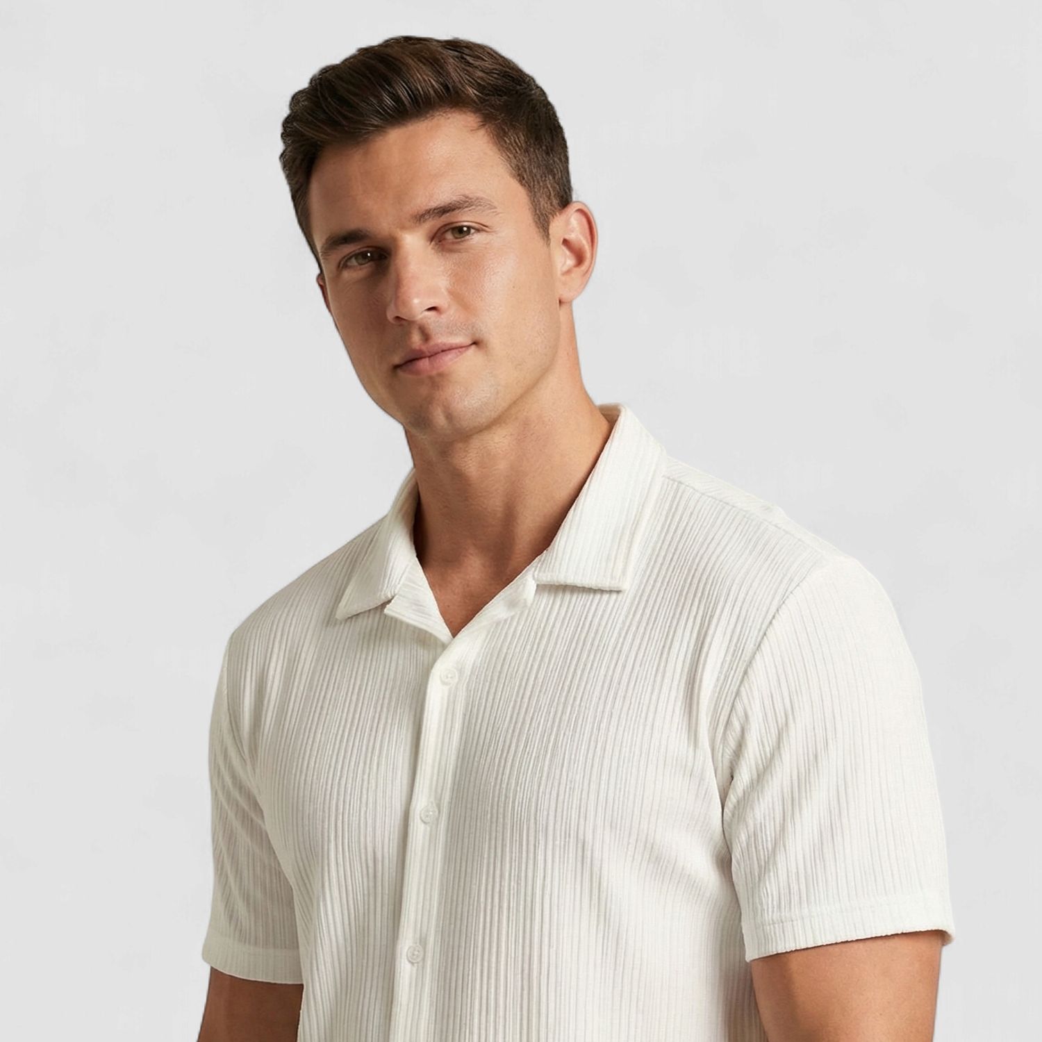 WHITE  SELF DESIGN TEXTURED HALF SLEEVES SHIRT