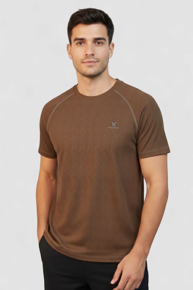 Zig-Zag Textured Performance Tee, Colour: BROWN, Size: M