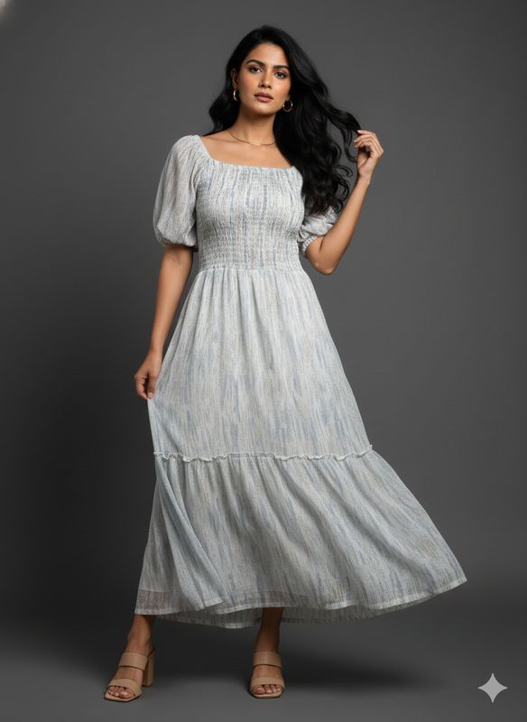 Smocked Maxi Dress - Square Neck Puff Sleeve