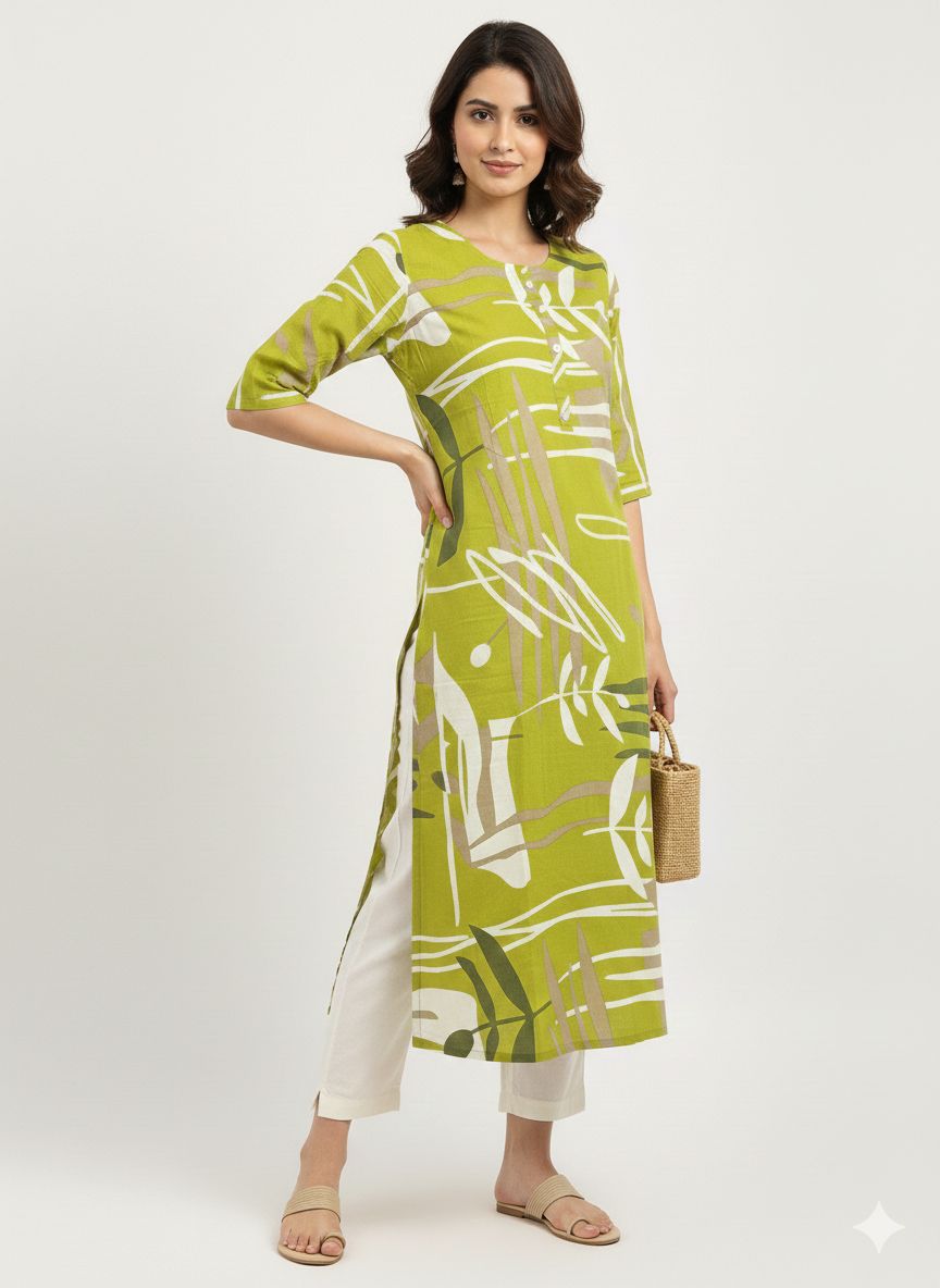 Abstract Flora Kurti, Colour: LIME GREEN, Size: M
