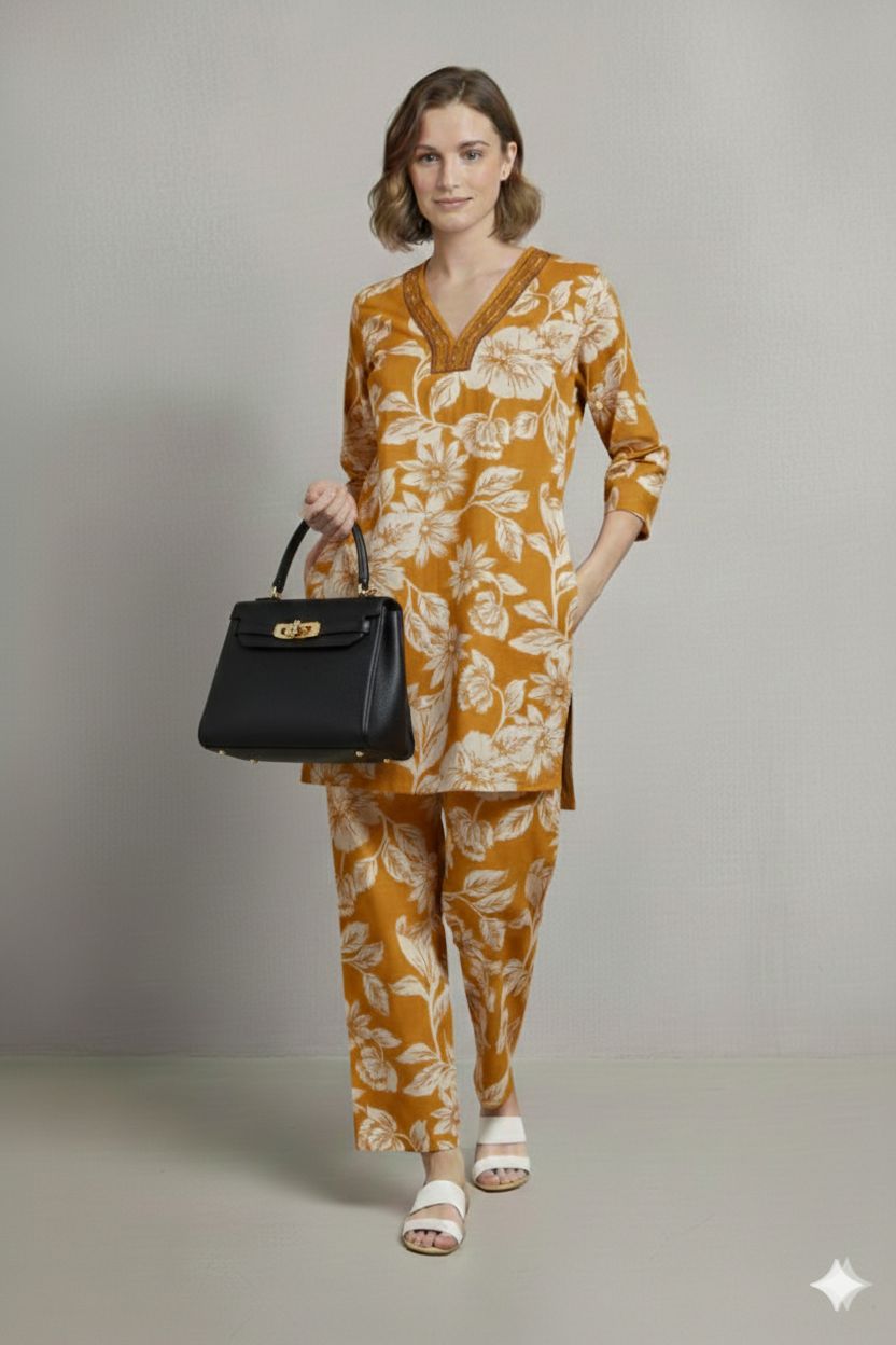 Azure Floral Tunic co-set, Colour: YELLOW, Size: L