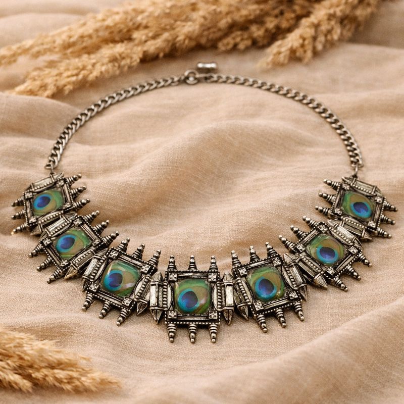 OXIDISED PEACOCK INLAY NECKLACE OXIDISED PEACOCK INLAY NECKLACE