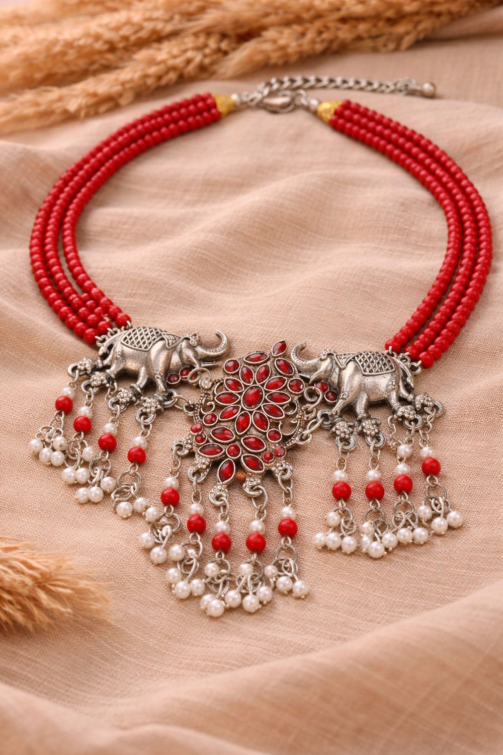 OXIDISED ELEPHANT NECKLACE, Colour: RED