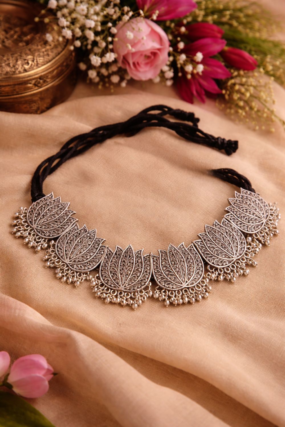 OXIDISED LOTUS STATEMENT NECKLACE