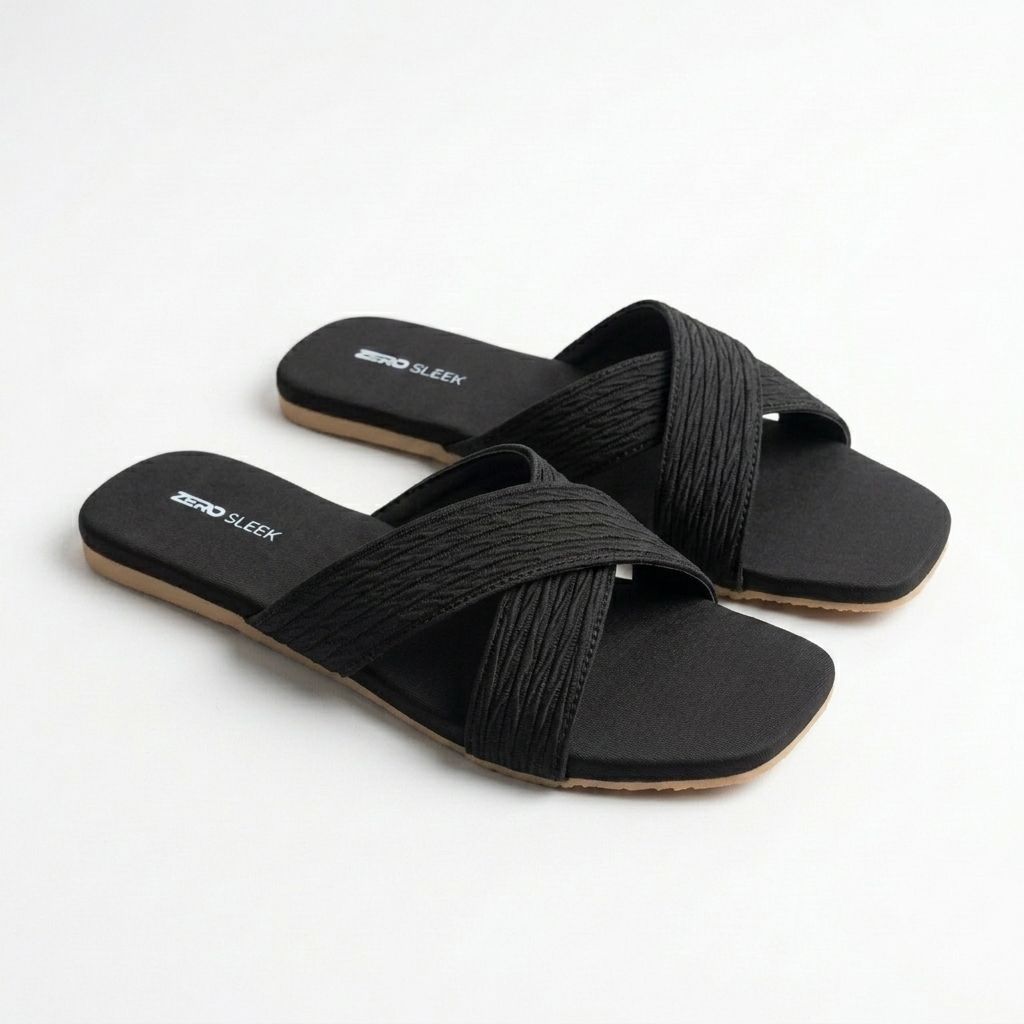 ZeroSleek Black Criss-Cross Straps Flat Slide