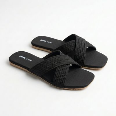 ZeroSleek Black Criss-Cross Straps Flat Slide