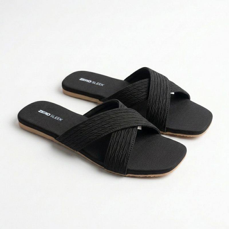 ZeroSleek Black Criss-Cross Straps Flat Slide