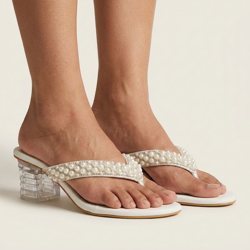 Pearl Embellished Transparent Heel Sandals