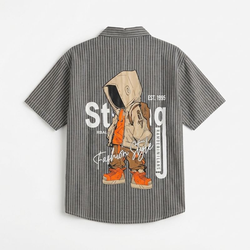 Grey Half Sleeve Printed Striped Shirt